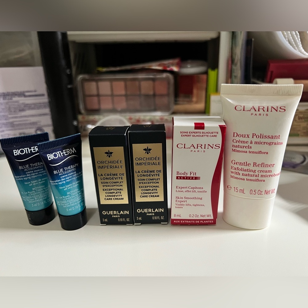 Multiple cream sample set: Guerlain, Biotherm, Clarins
